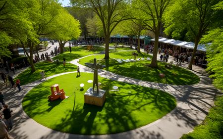 wide shot,A bright spring midday at the Nelson Arts Festival, showcasing colorful sculptures and vibrant street art. Lush greenery surrounds the installations, with sunlight streaming down, casting playful shadows and highlighting the artistic spirit of the city,, sweeping landscapes, unique perspectives, epic scale, revealing hidden beauty, showcasing vastness, immersive experience, precise compositions, expert piloting, dynamic angles, cinematic storytelling, showcasing natural wonders, aerial exploration