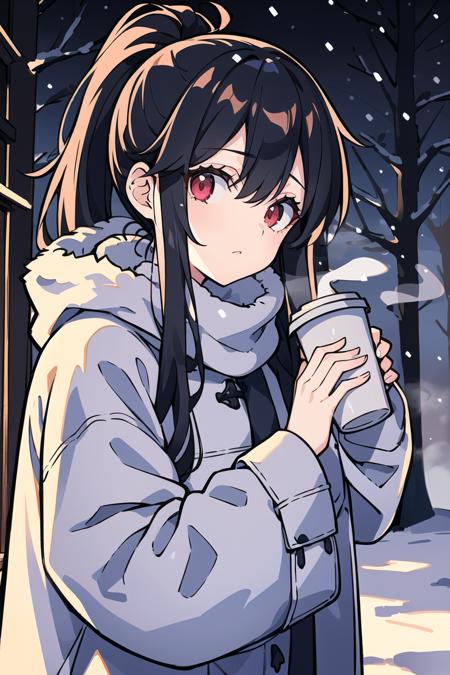 (masterpiece), (best quality), (ultra-detailed:1.4), original character, solo focus, portrait of a young girl standing in a snowy forest, holding disposable cup, wearing a long coat and boots, with fur trim, very white long hair, ponytail, beautiful red eyes, (a few trees and snow-covered branches in the background: 1.05), (a light trail of smoke or mist coming from the lantern: 1.1), (a faint glow or aurora borealis in the sky: 1.15), (subtle texture and details on the snow and the girl’s clothes: 1.2), (a sense of depth and perspective in the composition: 1.25), (a sense of stillness and quietness: 1.3)