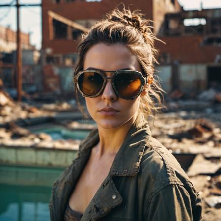 Post-apocalyptic theme, woman in rugged sunglasses, dilapidated pool in a reclaimed urban environment, gritty 4K detail, Kodak dystopian realism, harsh light bokeh, survivalist, reclaimed beauty.