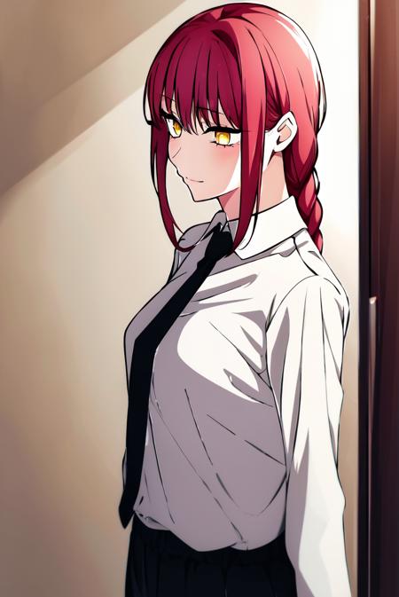 makima \(chainsaw man\), 1girl, absurdres, bangs, indoors, black necktie, black pants, braid, braided ponytail, collared shirt, cowboy shot, highres, long hair, long sleeves, necktie, red hair, ringed eyes, shirt, sidelocks, solo, uniform, white shirt, yellow eyes, small breasts <lora:makima_offset:1>