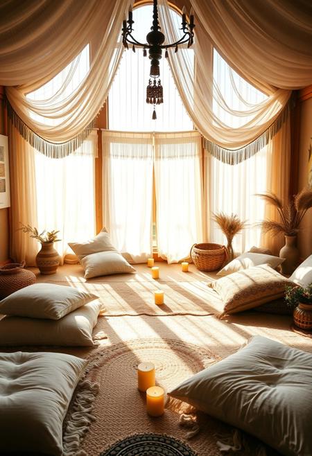 bohemian-style sanctuary room with soft pillows, floor cushions, candles, sheer curtains in sunlight, sacred feminine decor, cozy and inviting atmosphere, wide-angle interior shot with warm tones, peaceful sacred space vibe