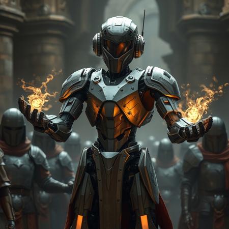 highly detailed, a high-tech robot in a medieval world conjuring a spell, two arms, the robot contrasts with the world around it, there are medieval warriors with armor around