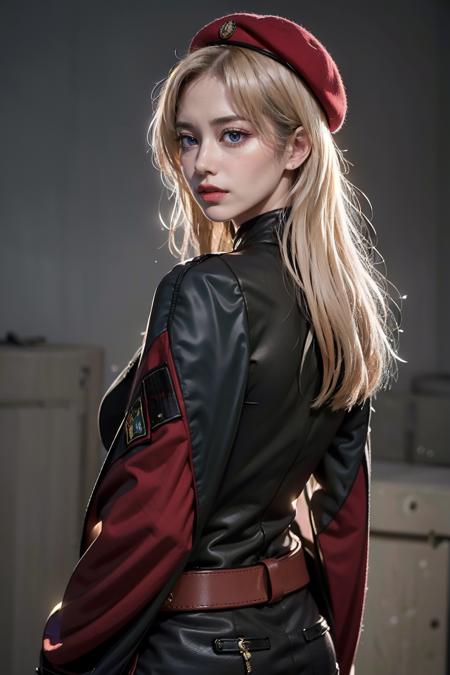 Best quality, masterpiece, ultra high res, (photorealistic:1.4), 1girl, light frown, serious, original outfit, upper body, hands on hip, looking from the back, red beret, green cape, blonde hair, blue eyes, tactical clothes, gray gloves, belt, european, ass   <lora:RussianDollV3:0.2>   <lora:add_detail:0.1> <lora:AK M GFL_20230604233847:1>