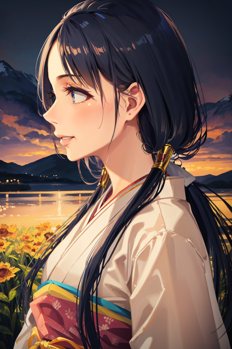 Anime girl with blue eyes and a white dress standing in front of a lake at sunset.