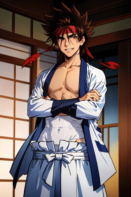 sagara sanosuke, spiked hair headband, open clothes, japanese clothes, bandages, midriff sarashi