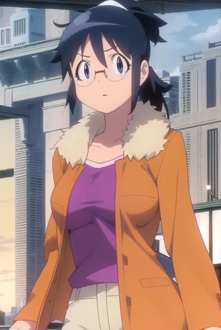 akihinata, <lora:aki hinata movie-lora-nochekaiser:1>,
aki hinata, long hair, blue hair, ponytail, glasses, (black eyes:1.3),
BREAK jacket, brown jacket, fur trim, long sleeves, shirt, purple shirt, collarbone, pants, black pants,
BREAK outdoors, city, sun, sky, clouds, buildings, people, crowd, 
BREAK looking at viewer, (cowboy shot:1.5),
BREAK <lyco:GoodHands-beta2:1>, (masterpiece:1.2), best quality, high resolution, unity 8k wallpaper, (illustration:0.8), (beautiful detailed eyes:1.6), extremely detailed face, perfect lighting, extremely detailed CG, (perfect hands, perfect anatomy),