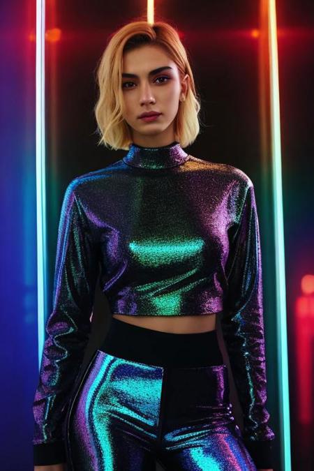analog photo, dark shot, low key, action, (a intelligent afghan girl, 20 years old:1.1), strawberry blonde pixie bob hair, huge tits, fit, reflections on the wall background, abstraction atmosphere, (prismatic, holographic:1.2), sparkles, neon pixels, (neon light:1.1), chaotic, fashion magazine, (intricate details:0.9), (hdr, hyperdetailed:1.2)