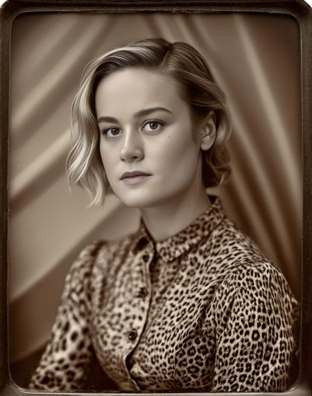 BrieLarson, (art by William Holman Hunt:0.8) , photograph, Female, Printer, plain leopard print background, tilt shift, film grain, Canon R5, 35mm, Ambrotype,  <lora:BrieLarsonSDXL:1>