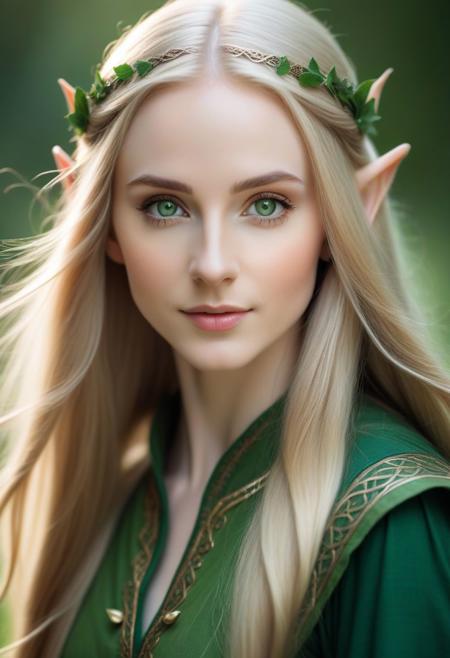 (masterpiece, best quality), macro portrait of an elf with long flowing hair and intelligent eyes, she is wearing a  green tunic, she has a cute face, perfect pale skin, slight smile, 100mm f/2.8 macro lens, velus hair, macro, extreme details, looking at viewer