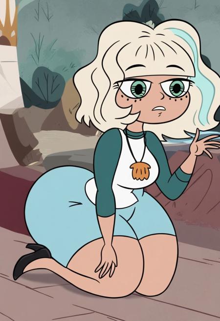 Jackie Lynn Thomas, blonde hair, short hair, multicolored hair, bangs,shell necklace, green eyes, 1girl, solo, fat ass, large breasts, huge booty, wide hips, thick thighs, shirt, long sleeves, blue shorts, black heels