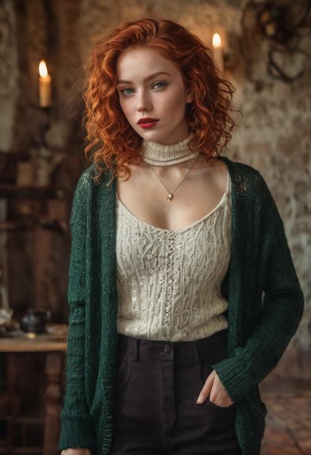 analog film photo (Photorealistic:1.2), (Sensual portrait of a woman with red hair in loose curls:1.3), (emerald green eyes with a tender gaze:1.3), (Medium bust size and a nurturing presence:1.2), (Cozy attire with a sexy knit low cut sweater and leggings:1.4), (Soft candlelight for a cozy atmosphere:1.3), (Backdrop of a rustic castle:1.3), 30mm photo, stained, highly detailed, detailed skin texture, (goosebumps:0.5), subsurface scattering, (cleavage:1.2),lace choker, (sexy tummy), red lipstick