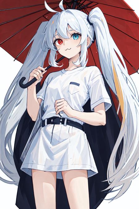 (best quality, masterpiece), 1girl, (female focus), ahoge, white blue hair, ((white shirt), (overfit shrit)), long hair, standing, twintails, long hair, [[mild heterochromia]], white background, *//*, Clear bubble Umbrella