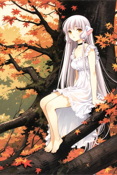 CHII, 1girl, solo, tree, long hair, barefoot, dress, ribbon, in tree, very long hair, yellow eyes, red ribbon, frills, white dress, autumn, sitting, leaf, white hair, sitting in tree, robot ears, choker, knee up, autumn leaves, outdoors, frilled dress, nature, looking at viewer, parted lips, <lora:Chobits:0.8>