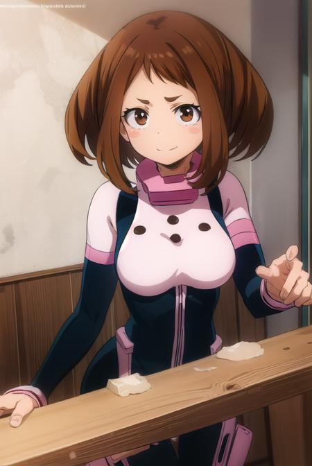 ochakouraraka, <lyco:ochako uraraka s3-lyco-nochekaiser:1>,
ochako uraraka, (uraraka ochako:1.2), (brown eyes:1.5), brown hair, short hair, blush, blush stickers, smile,
BREAK (bodysuit:1.5), skin tight, superhero,
BREAK indoors, classroom,
BREAK looking at viewer,
BREAK <lyco:GoodHands-beta2:1>, (masterpiece:1.2), best quality, high resolution, unity 8k wallpaper, (illustration:0.8), (beautiful detailed eyes:1.6), extremely detailed face, perfect lighting, extremely detailed CG, (perfect hands, perfect anatomy),