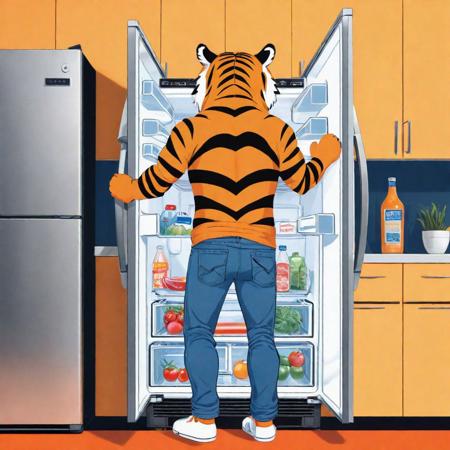 pov from behind, an anthropomorphic tiger standing in front of an open refrigerator, dressed in casual attire with jeans and a shirt, by Ryan Yee, shutterstock, conceptual art, anthropomorphic tiger, hiding, detailed color scan , illustration, poster illustration, frank cho, concept photo