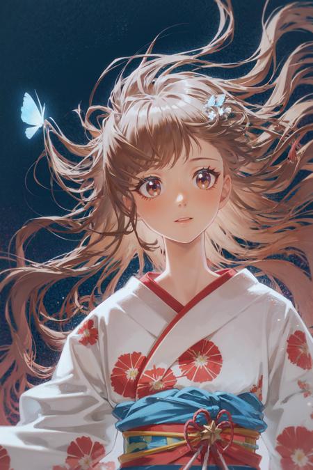 masterpiece, best quality, extremely detailed, detailed background, detailed face, 1girl, butterfly, long hair, bug, solo, kimono, japanese clothes, blue butterfly, blonde hair, star (sky), night, sky, brown eyes, starry sky, night sky, floral print, pink kimono, floating hair, bangs, long sleeves, holding, closed mouth, shiny, glowing, overexposure, light particles, sunlight, sparkle,