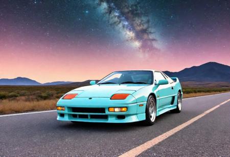 european 90s sports car, high quality, high resolution, on a long straight road, at starry night, milk way background, pastel colors, lineart