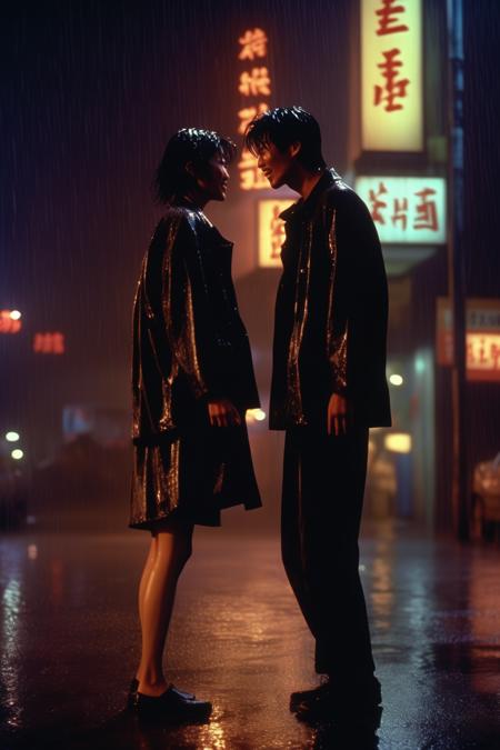 <lora:Director Bong Joon-ho style:1>Director Bong Joon-ho style -rule of thirds shot, dynamic shot, a scene from 1995 dramatic film called "Fallen Angels" directed . Two scruffy asian guys in love while are extremely happy under the rain in a desolate street in Tokyo during night, they are both wet but happy to be in love, their expression is smile, they are young and they are living the life, smiles on their faces, the rain wets their bodies, dancing in the rain, the boy is in the foreground while the girl is 4 meters away from him. cinematic color grading, night neon light, image capturing the dynamic and implied movement, intricate details, intricate background, Sony alpha a7 III