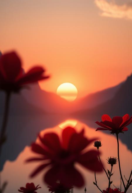 The image is a beautiful sunset with vibrant red flowers in the foreground and a majestic mountain range in the background. highly detailed and hyper realistic photo, by Alena Aenami , by Archibald Thorburn , by Daniele Afferni , in the style of  monochromatic silhouette reflection,  limited dark palette, unusual dark colors, faded colors, atmospheric haze, highly dramatic cinematic lighting, motion blur, film grain,  professional, excellent composition, finest details, maximized details, ultimate detail level, masterpiece, best quality