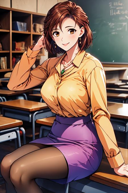 1girl, cowboy shot, sitting, smile, classroom, large breasts, 
doukoku_marie, brown eyes, brown hair, short hair, jewelry, earrings, necklace, beige shirt, purple skirt, pencil skirt, pantyhose, <lora:doukoku_marie_lora_ver1:0.7>, best quality, masterpiece, highres, <lora:GoodHands-vanilla:1>