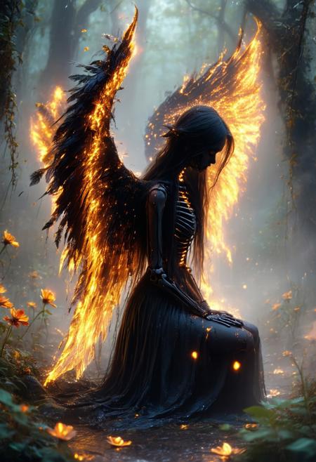 Eclipsed Phoenix, A dark fantasy steampunk specter kneels in sorrow in a misty, overgrown forest. She has skeletal, ember-glowing wings and long black hair streaked with glowing orange, flowing in ghostly wind. Her charred, semi-transparent outfit is layered with flickering ember-veils. Scattered behind her, faded wildflowers float like lost memories. Gothic calligraphy glows in holographic ink on aged parchment in the background. The scene is moody and cinematic, with deep shadows, soft rain, and high contrast. Styled like a retro-futuristic steampunk noir poster with textured, inky brushstrokes and iridescent highlights.