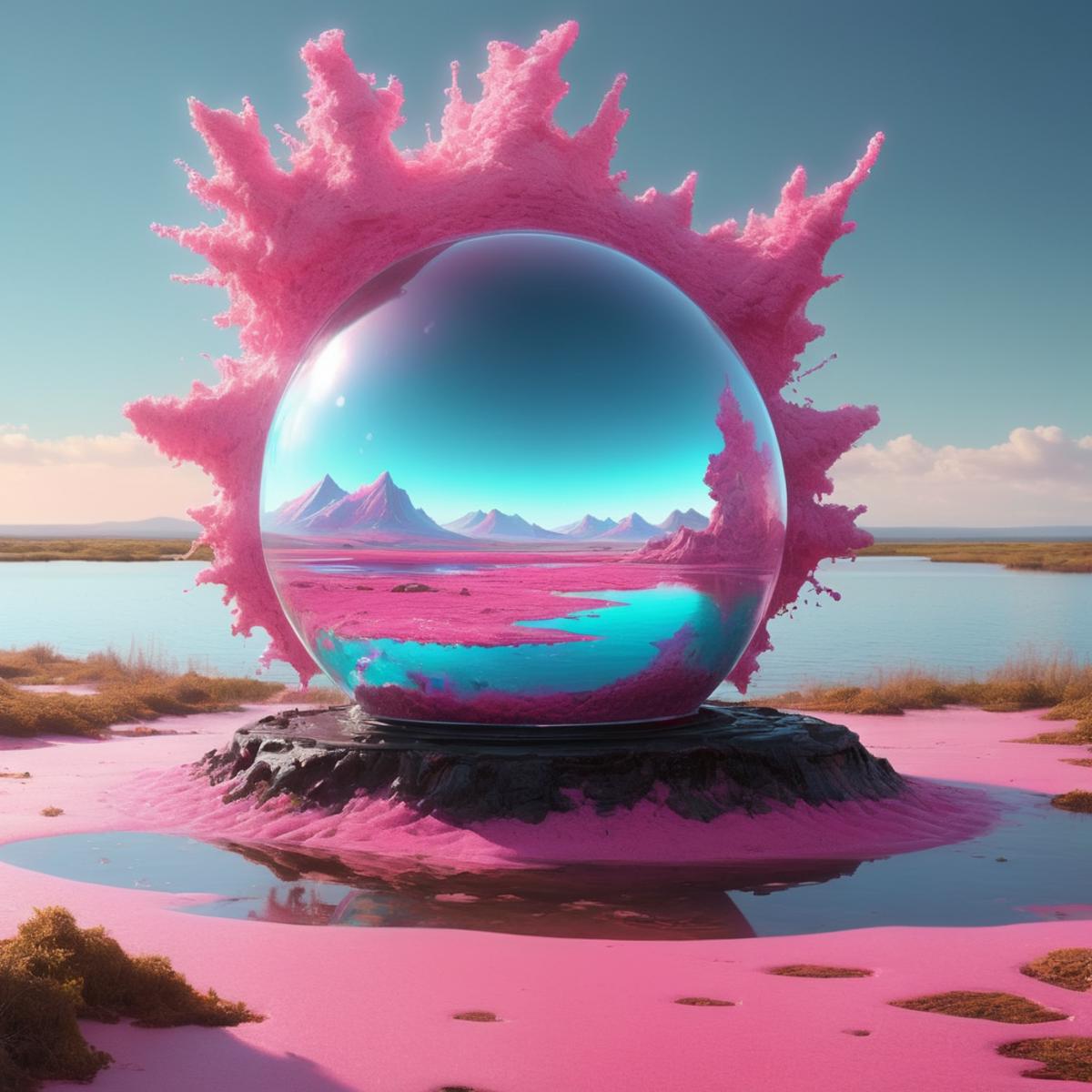 A giant pink sphere with a water scene inside it.