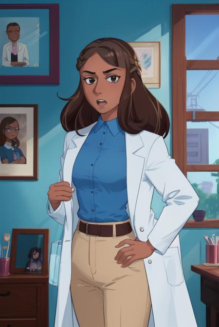 <lora:priyanka_maheswaran:0.8>, priyanka maheswaran, masterpiece, best quality, 1girl, solo, brown hair, long hair, open mouth, dark skin, shirt, blue shirt, indoors, labcoat, long sleeves, belt, dark-skinned female, parody, upper body, black eyes