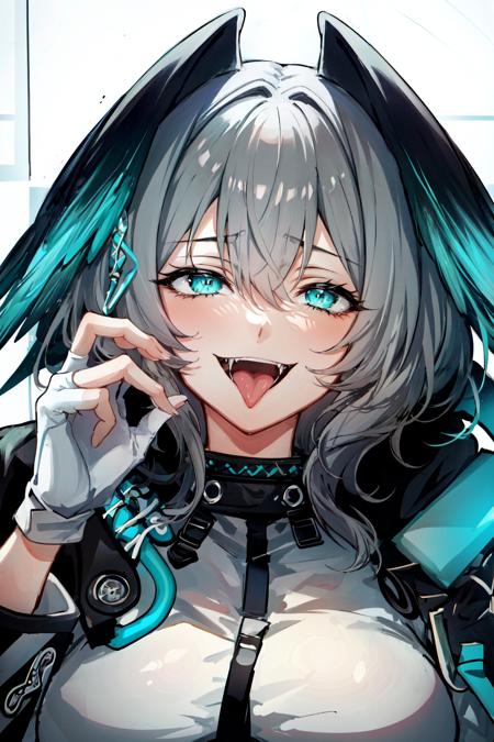 <lora:hoolheyak:1>hoolheyak(arknights), 1girl, open mouth, solo, tongue, fingerless gloves, hood, tongue out, smile, grey hair, portrait, aqua eyes, hair between eyes, looking at viewer, i fangs, gloves, white gloves