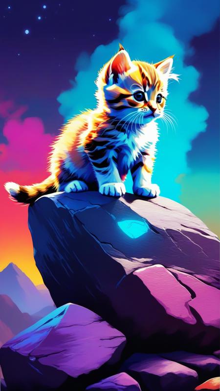 Glo-fi Art Style, little kitten  on top of a rock, dynamic, dramatic, vibrant colors, glo-fi art style