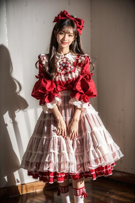 best quality, masterpiece, photorealistic, 1girl, solo, standing, long straight hair, looking at viewer, arms at sides, smile, cyb dress, lace-trimmed dress, layered dress, wide sleeves, long sleeves, white kneehighs, bow, red footwear, simle background, <lora:christmas_dress_style1_v1:0.75>