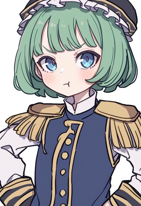 1girl, solo, simple background, green hair, white background, hat, blue eyes, frilled hat, long sleeves, vest, upper body, short hair, one-hour drawing challenge, shirt, looking at viewer, closed mouth, white shirt, frills, epaulettes, blue vest, bangs, black headwear, blush, blue headwear, pout, hands on hips, style:kame \(kamepan44231\), <lora:Style - kame (kamepan44231) - v2 - bionagato>