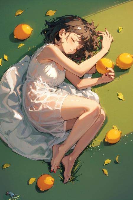 1girl, solo, dress, on side, closed eyes, barefoot, food, fruit, white dress, black hair, lying,short hair, orange nails, bare legs, sleeping, full body, sleeveless dress, shadow, sleeveless, sunlight, bare shoulders, lemon, multicolored hair, bare arms, brown hair, streaked hair, signature, leaf, bangs, from above, feet, closed mouth, sundress, outdoors, day, toes, shade, grass, parted lips, dappled sunlight, orange (fruit),<lora:loahrenrustyle_noise:0.85>