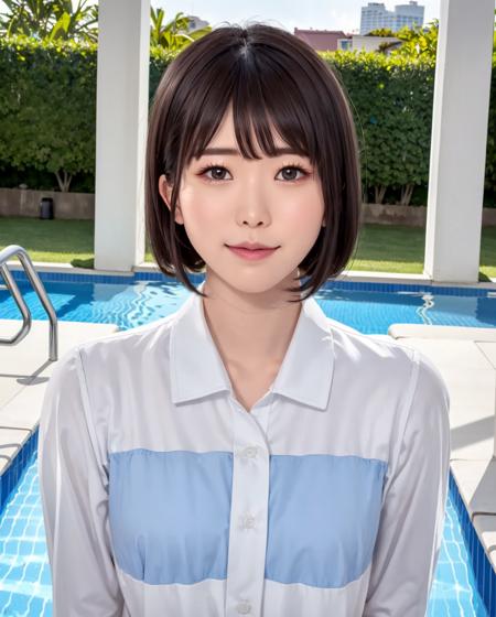 pureerosface_v1, best quality, photorealistic, 8k, high res, full color, 1girl, woman, 20 years old woman, (closed mouth:1.73), (skindentation), (portrait:0.6), trees, ((poolside background:1.52)), full color, ((whitecollar,shirt buttonedblueshirt:1.58)), looking at viewer:1.8, (1girl eyes looking at viewer:1.55), (medium hair, brownhair, sweptbangs:1.45), (bokeh), <lora:AAV-mirai2:0.64>