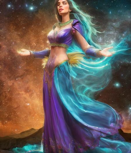 ., CHV3CWizard, CHV3CBarb, modelshoot style mid-range close-up of a beautiful young adult woman wearing an intricate sorceress gown casting magical spells under the starry night sky, magical energy, trending on artstation, 8k, hyper detailed, artstation, hyper realism, ultra-real, commissioned professional digital painting, cinematic, art award, highly detailed, attractive face, professional anatomy, (2 professional arms, 2 professional hands), artwork by Leonardo Davinci