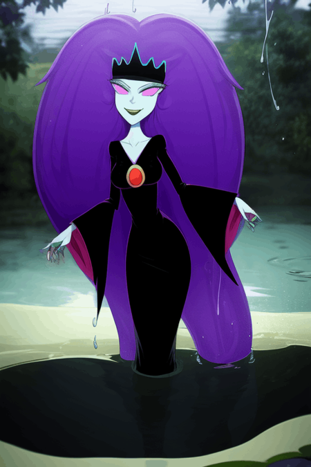 BlackPuddleQueen, blue skin, colored skin, pink eyes, solid eyes, tight dress, black dress, long sleeves, blue hair, long hair, black crown, long eyelashes, red broach, lips, hourglass figure, cleavage, smile, full body, nsfw, <lora:add_detail:1>, black colored water puddle, standing in a water puddle, black water, nice hands, perfect hands