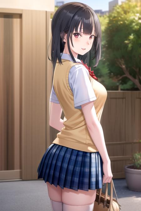 ((masterpiece)),(best quality),official art,extremely detailed CG,unity 8k wallpaper,ultra detailed,beautiful detailed eyes,extremely detailed face,1girl,solo,cowboy shot,looking at viewer,facing viewer,smile,Himemiya Tsubaki(hswk),black hair,long hair,red eyes,sidelocks,bangs,school uniform,sweater vest,yellow vest,red bowtie,collared shirt,white shirt,short sleeves,large breasts,blue skirt,plaid skirt,pleated skirt,zettai ryouiki,white thighhighs,loafers,<lora:Himemiya Tsubaki(hswk)>,