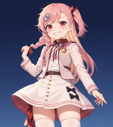 <lora:Negev:1>,
1girl,cowboy shot,(negevloli:1.2),(starclips:1.2),white jacket,skirt,red trim,braid,hair ribbon,aged down,cute smile,park,black bows, white thighhighs,(star of david:1.2)