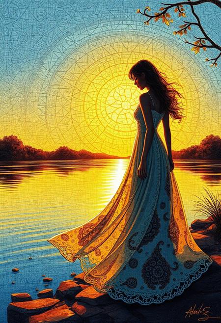 FOAM ART ZENTANGLE ART :: A Woman in a flowing blowing Foam dress standing by the river side, exquisite golden_glow of the giant setting Sun zentangle style, reflections, woman's dress shining luminously, highly imaginative exquisite whimsical fantasy Foam Art Zentangle Art in typical AI style, true representation of Foam Art Zentangle Art style