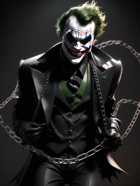 (joker in punk style batman suit), grin from ear to ear, showing sharp teeth, surreal image with chains flying around, skinny body and tight black bdsm suit, scene dark with simple black background, 8k, hd, high quality, high detail, perfect hands,