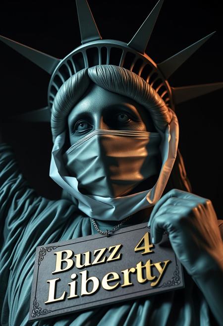 A highly detailed and dramatic portrait of the Statue of Liberty, focusing on her face in a macro close-up. The Statue of Liberty is unwrapping a large, non-surgical face mask, revealing the intricate and realistic facial muscle structure beneath. The mask is partially peeled away, exposing tendons, muscles, and sinews in high detail. Around her neck, a luxurious and ornate cardboard sign hangs with the text “Buzz 4 Liberty” elegantly embossed in gold lettering. The cardboard is richly decorated with intricate patterns and gilded edges, giving it an unexpectedly opulent appearance. The scene is lit with dramatic studio lighting, casting deep shadows and emphasizing the contrast between the statue’s iconic metal surface and the raw, exposed anatomy. The overall atmosphere is dark and unsettling, with a creepy, almost dystopian vibe that contrasts sharply with the rich, decorative sign.
