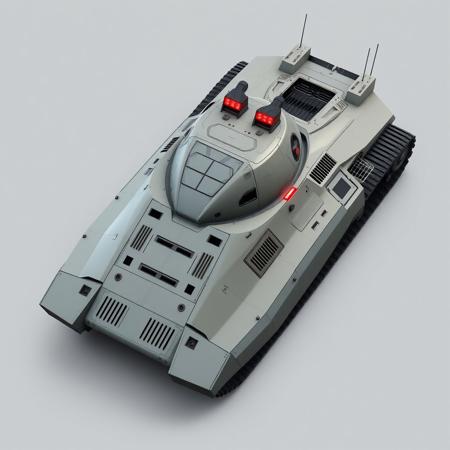 ((top view)), (tank),
Long and low-profile body, aerodynamic taper at the front, narrower turret mount.
Chassis: Sloped composite armor with integrated sensor vanes on the sides; sleek profile.
Tracks: Slim, high-speed tread system with angled suspension and internal shock coils.
Details: Finned engine vents near the rear, stabilizing ailerons along the sides, and minimal armor layering.
Lights: Dual horizontal slit lights on the prow, blinking tactical signal nodes above rear panel.