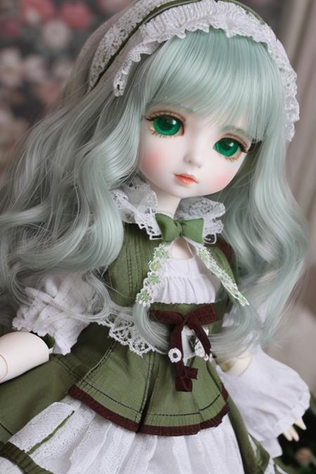 green_eyes,1girl,doll, doll joints,pale, white hair,dress,masterpiece, best quality, full body,   <lora:luts-000004:1:MIDD>