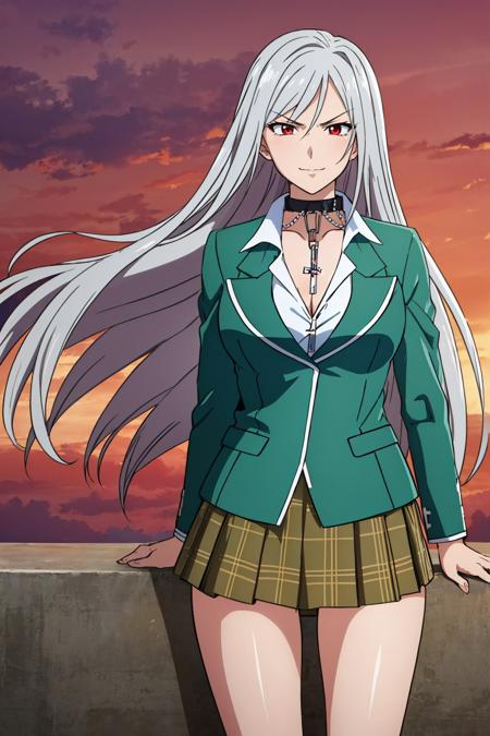 outermoka, pink hair, ahoge, green eyes, choker, cross chain, cleavage, green blazer, green jacket, plaid skirt innermoka, silver hair, red eyes, choker, chain, cleavage, green blazer, green jacket, plaid skirt