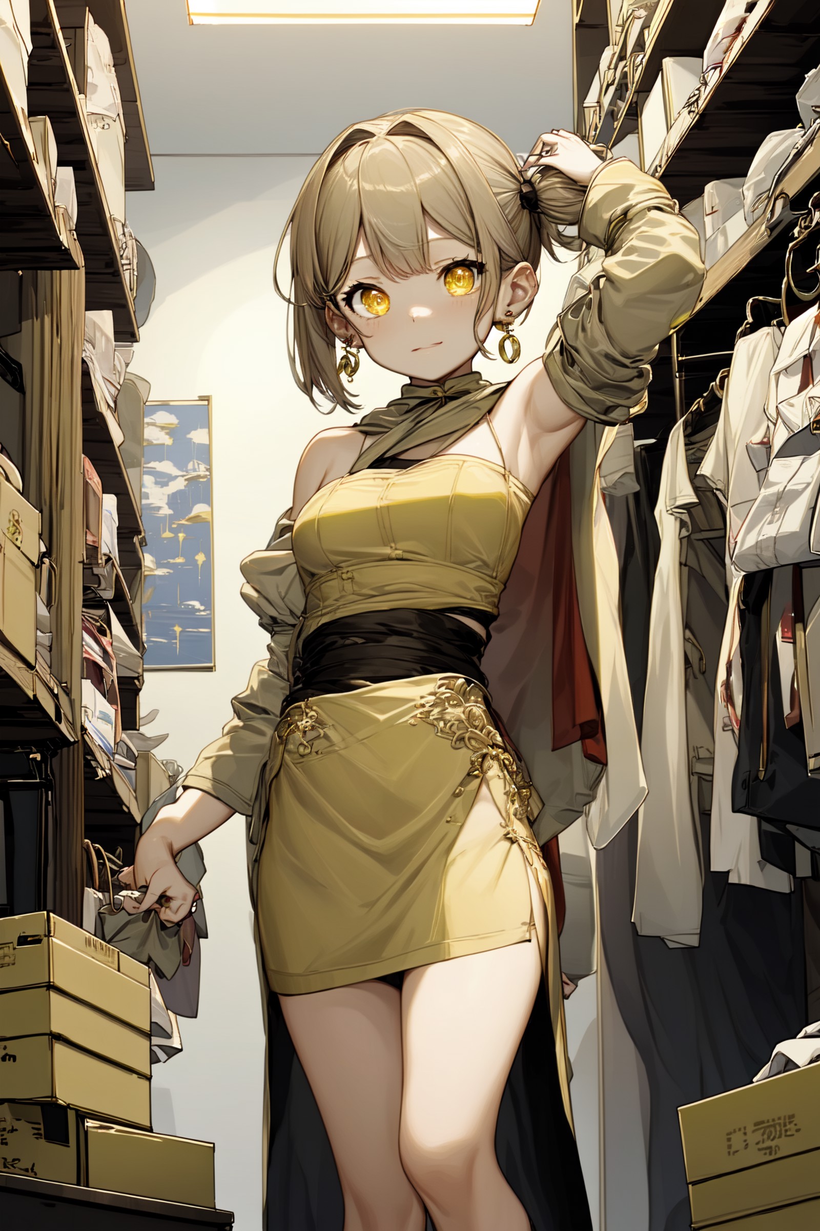 1girl, medium breasts, hoop earrings, desert, half updo, comb over, light brown hair, saturated yellow eyes, torn clothes,...