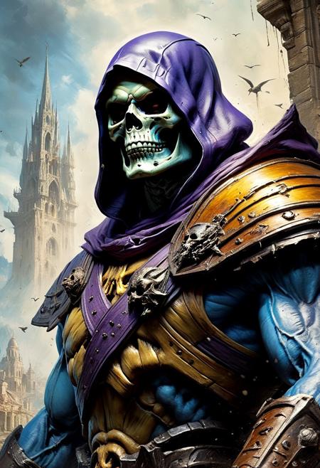 Life of Skeletor by Leonardo da Vinci is a 3D painting in an epic historical fantasy scene, with natural colors and clear details. Hyperrealistic, splash art, concept art, mid shot, intricately detailed, color depth, dramatic, 2/3 face angle, side light, colorful background
painting in the style of artists such as Russ Mills, Sakimichan, Vlop, Leush, Artgerm, Darek Zabrocki and Jean-Baptiste Monge,