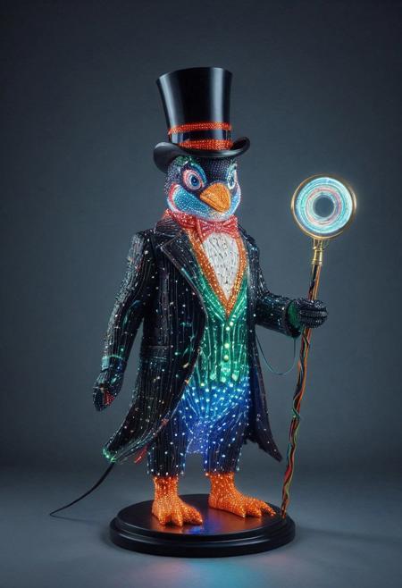 embedding:lazmpos, LED, colorful LED lights, RGB lights, red green and blue penguin, art deco, top hat, cane, monocle,RetroBG