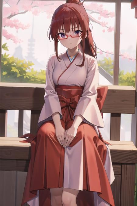 tomoekarijuku, <lora:tomoekarijukutest:1>, tomoe karijuku, long hair, (red eyes:1.1), ponytail, red hair, glasses, semi-rimless eyewear, red-framed eyewear,
BREAK skirt, japanese clothes, hakama, hakama skirt, miko, red hakama,
BREAK looking at viewer,
BREAK outdoors, shrine,
BREAK <lora:GoodHands-vanilla:1>, (masterpiece:1.2), best quality, high resolution, unity 8k wallpaper, (illustration:0.8), (beautiful detailed eyes:1.6), extremely detailed face, perfect lighting, extremely detailed CG, (perfect hands, perfect anatomy),