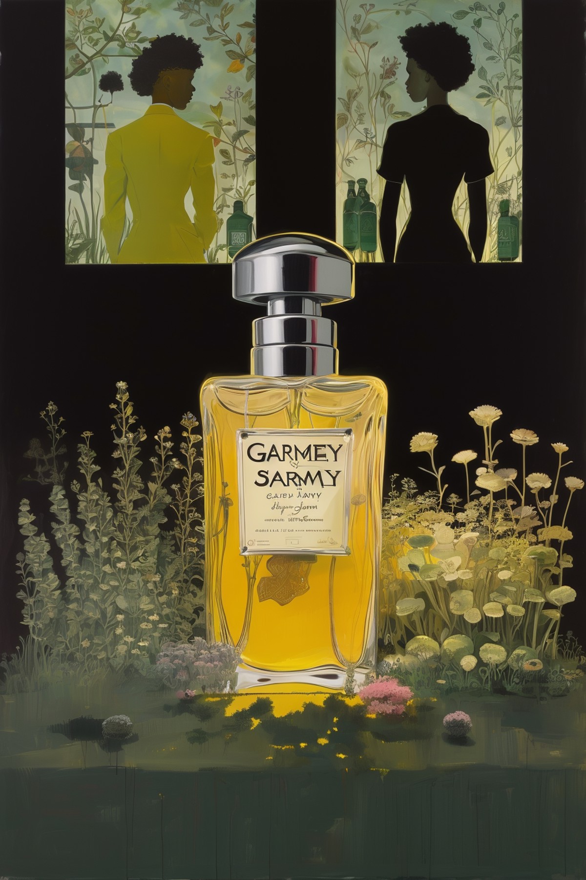 masterpiece,best quality,<lora:tbh268-:0.8>,illustration,style of Kerry James Marshall A bottle of perfume in garden