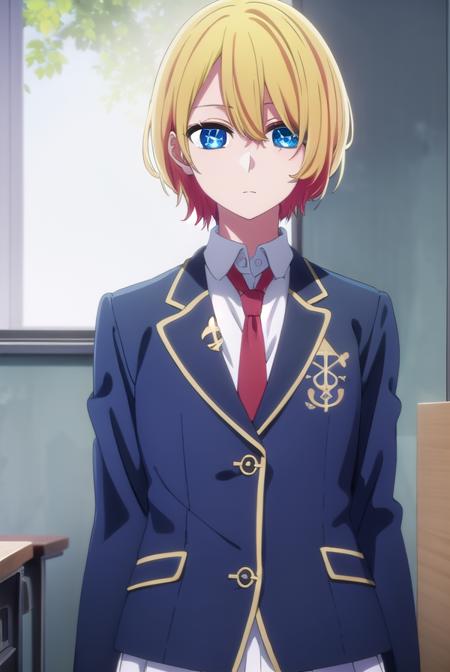 aquamarinehoshino, <lora:aquamarine hoshino s1-lora-nochekaiser:1>,
aquamarine hoshino, blue eyes, blonde hair, hair between eyes, (symbol-shaped pupils:1.5),
BREAK shirt, school uniform, jacket, necktie, blazer, red necktie,
BREAK indoors, classroom,
BREAK looking at viewer, (cowboy shot:1.5),
BREAK <lyco:GoodHands-beta2:1>, (masterpiece:1.2), best quality, high resolution, unity 8k wallpaper, (illustration:0.8), (beautiful detailed eyes:1.6), extremely detailed face, perfect lighting, extremely detailed CG, (perfect hands, perfect anatomy),