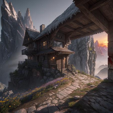 cinematic, (detailed), unparalleled magical energy, (very detailed CG unity 8k wallpaper), Photorealistic, color, (bloom:0.5), surreal photo, trees, AMONG US, straight on, alpine mountain, helmet, realistic lighting, (soft light), isometric render of the kitchen interior of a scary village house at dusk game art, (8k:1.1), sunset, palm trees, Antonio Moro, mountains, artstation, muted colors, building, art by greg rutkowski and artgerm, (wrinkled face), film grain, illustration, (((dark bloody clothing))), physically-based rendering, insane details, art by artgerm, skin tight white bodysuit, spring, (masterpiece, digital painting:1.1, wide_landscape)